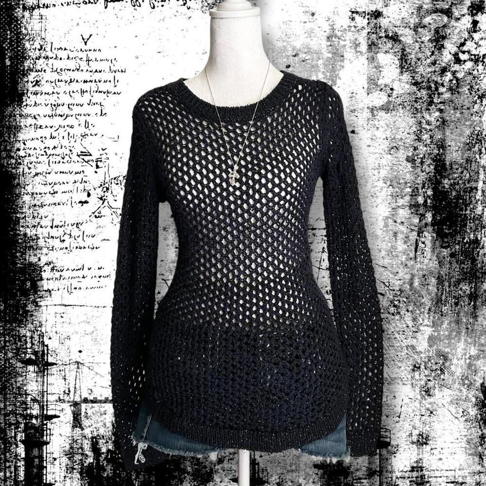 glitter woven deep blue-black tone open-knit sweater top